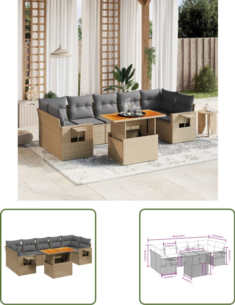 The Living Store 8-tlg. Garten-Sofagarnitur mit Kissen Beige Poly Rattan