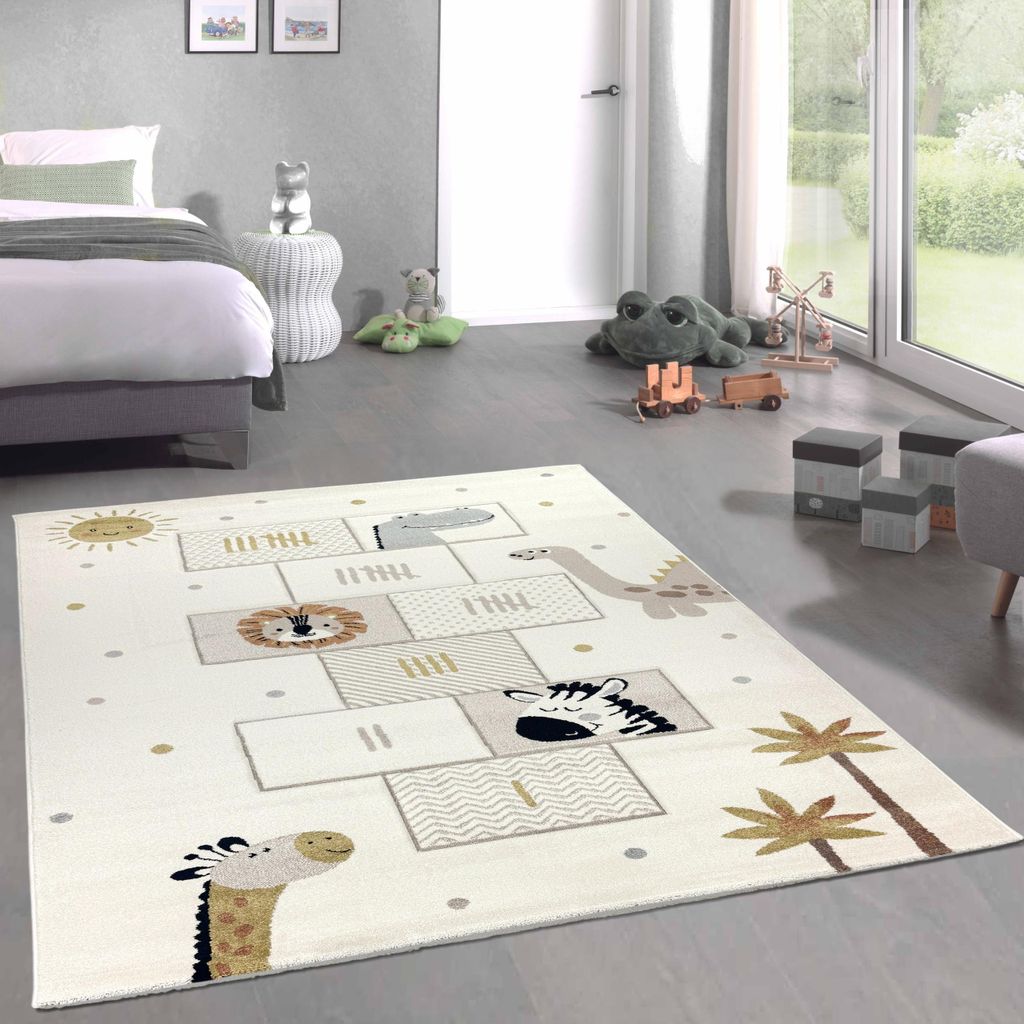 Kinderteppich mit Hüpfspiel und Tiermotiven Weich, Pflegeleicht & Spielerisch Lernen in creme Größe - 140 x 200 cm