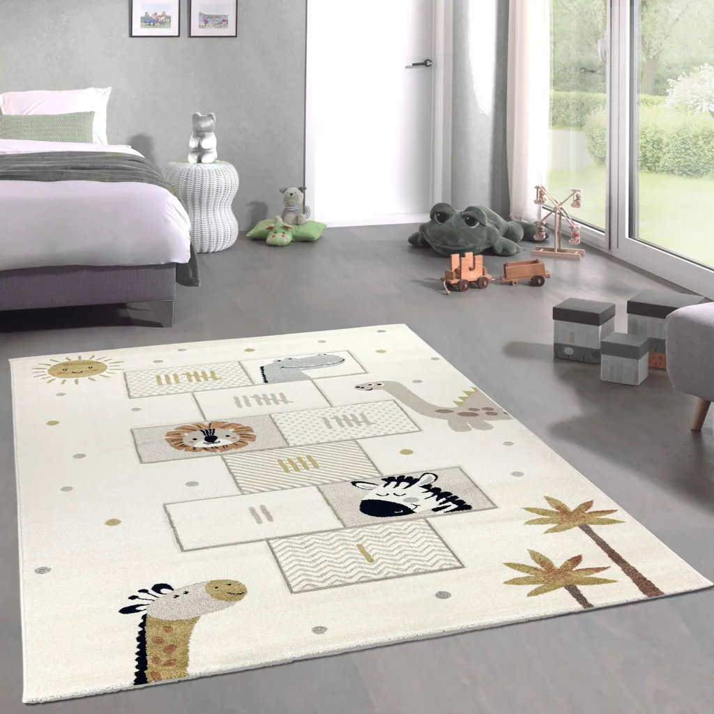 Tapis de chambre enfant ludique 140x200 - Apprentissage marelle crème