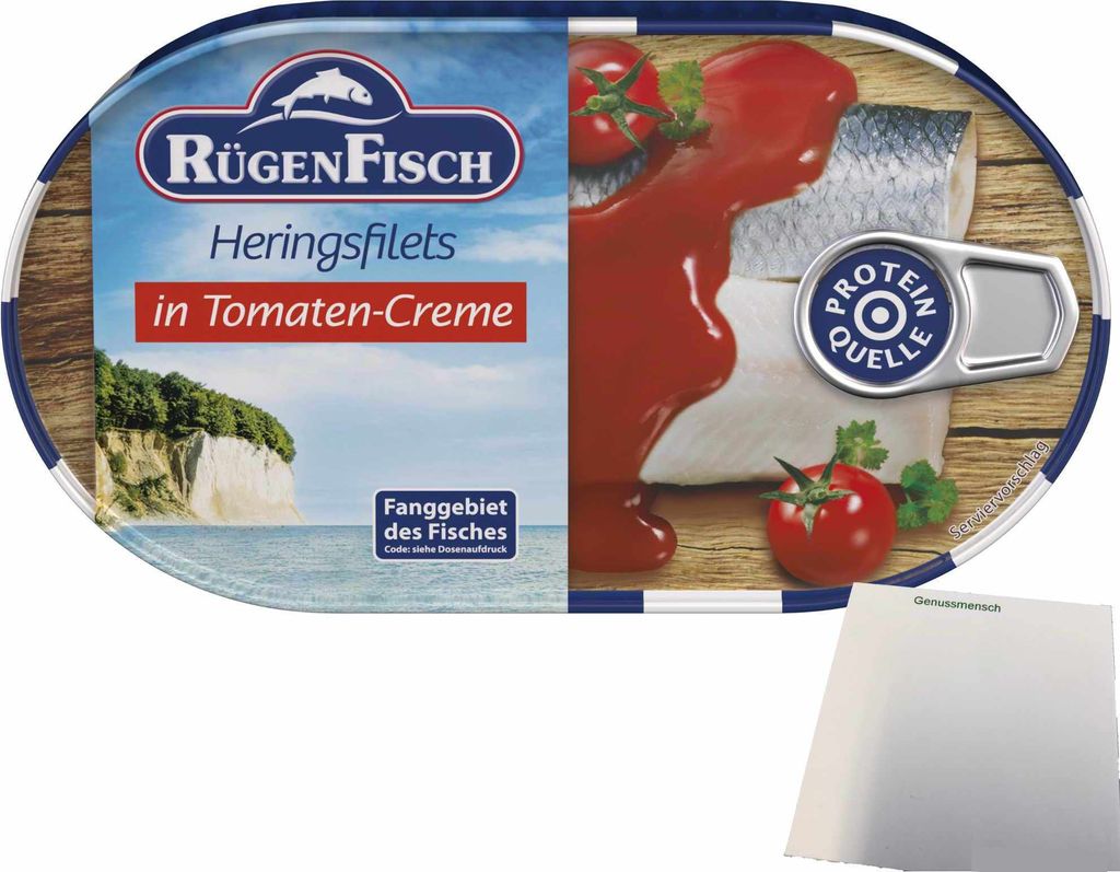 Rügenfisch Heringsfilet in Tomaten Creme (200g Dose) + usy Produktbild 
