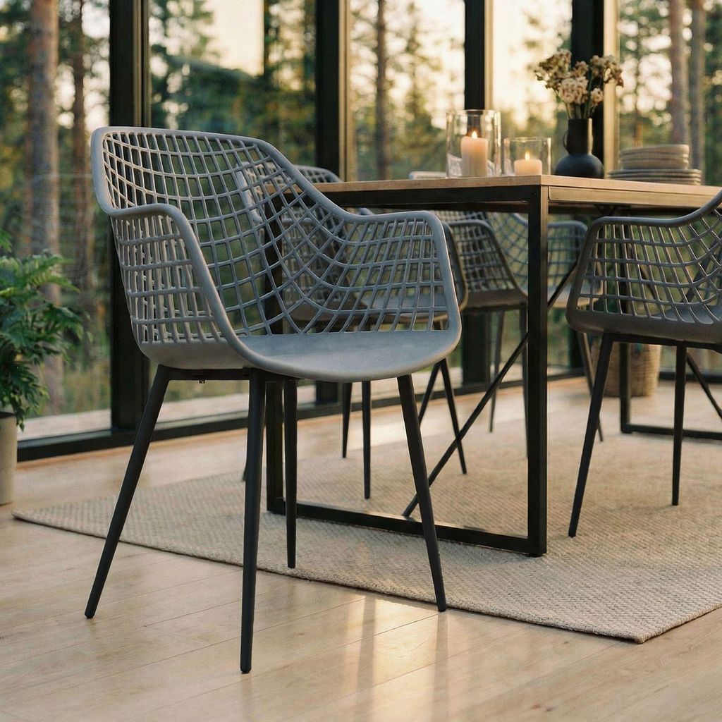 Gartenstühle LUCIA im 4er Set, Dunkelgrau - Schalenstuhl mit Armlehne aus Kunststoff, Retro Design für Indoor & Outdoor geeignet, pflegeleicht un...