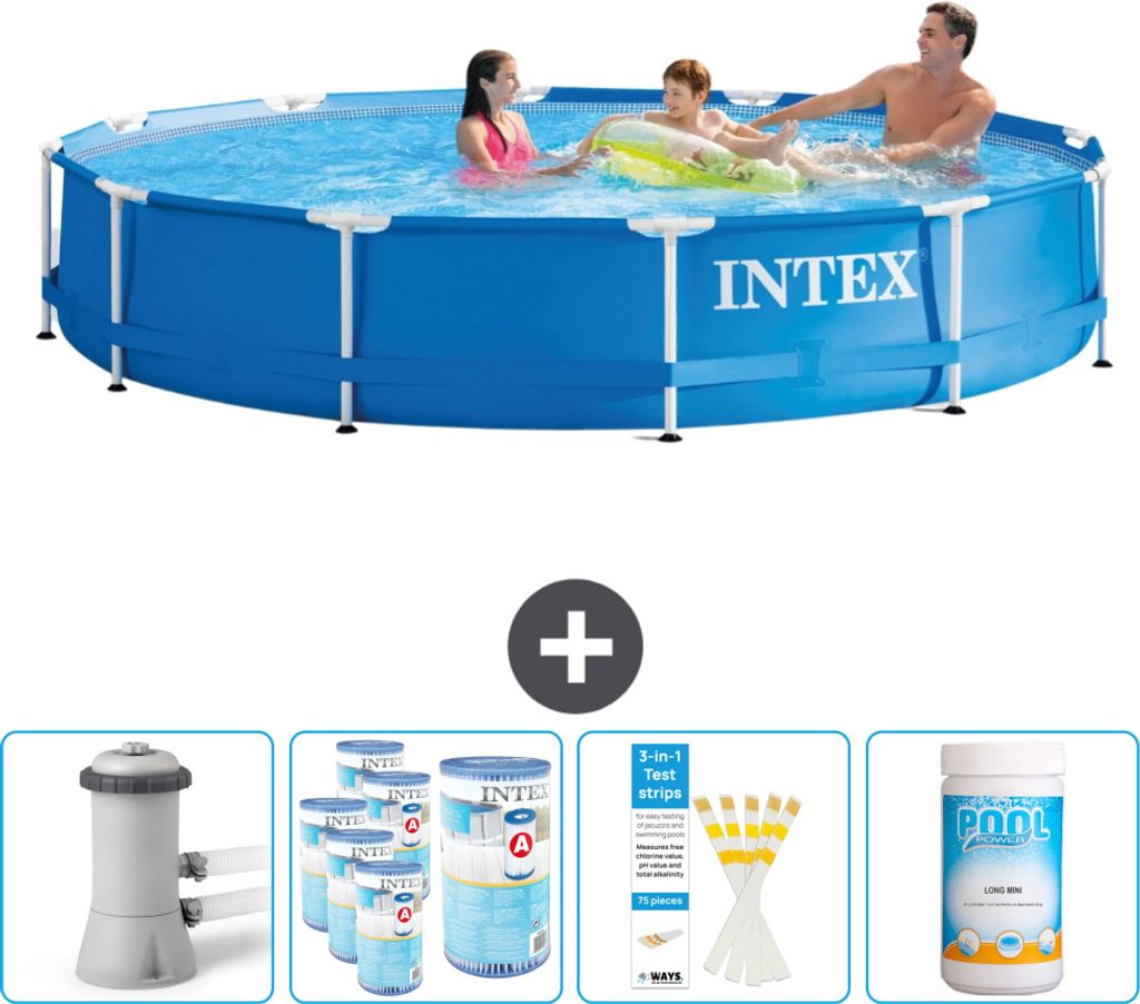 Intex Rundrahmen-Schwimmbecken – 366 x 76 cm – Blau – inklusive Pumpe Filter - Teststreifen - Chlor