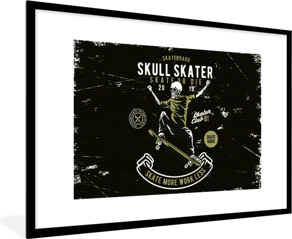 MuchoWow MuchoWow Gerahmtes Poster Skelett - Skateboard - Retro 90x60 cm - Poster mit zchwarzem Bilderrahmen - Wanddekoration - Fotos