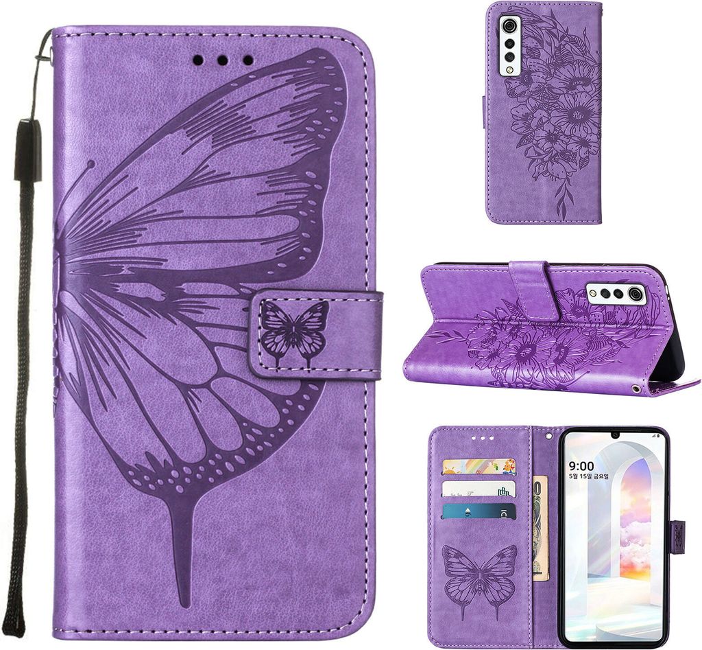LG Velvet 2 Pro Hülle, Schmetterling Prägung Flip Leder Kartenfächer Schutzhülle Ledertasche mit Ständer für LG Velvet 2 Pro Violett