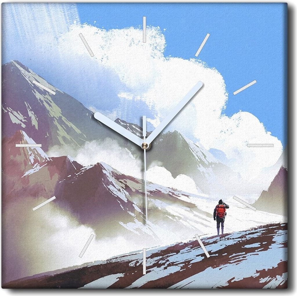 Coloray Uhr auf Leinwand 30x30 cm Wand Uhr Dekoration Wohnzimmer Segeltuch weiße Zeiger -Den Rucksack des Berges klettern