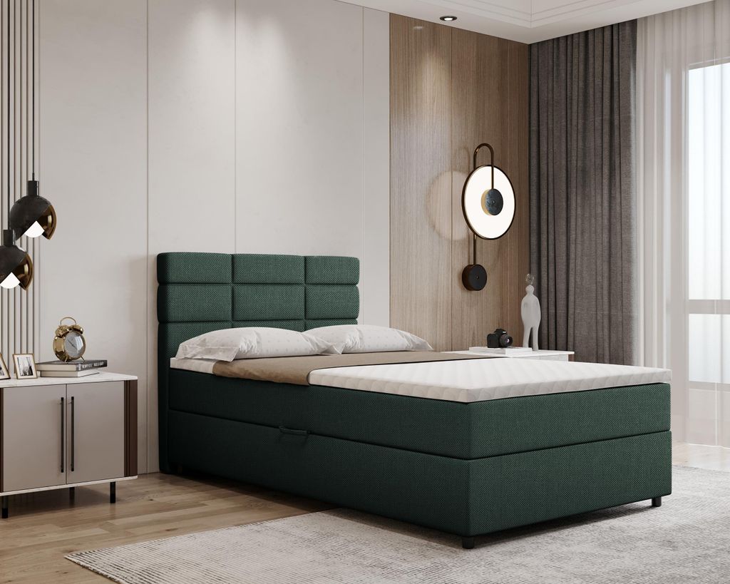 Boxspringbett 120x200, mit Bettkasten, Grün, Matratze und Topper, Einzelbett, REVE, Panda Möbel