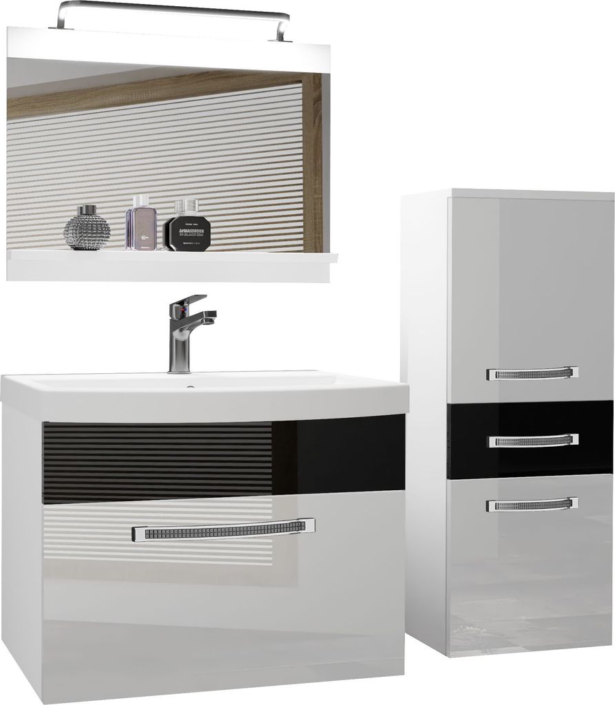 BELINI Badmöbel Vollausstattung Set Waschbeckenschrank, kleiner Schrank, Waschbecken, Spiegel, Lampe (Weiß/ Schwarz, Glänzend)