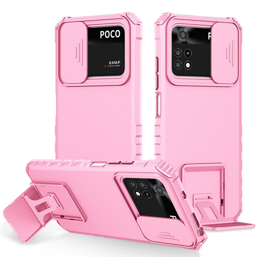 Xiaomi Poco M4 Pro 4G Hülle, Dual Layer Ständer Schutzhülle mit Schiebe Kamera Schutz für Xiaomi Poco M4 Pro 4G Pink