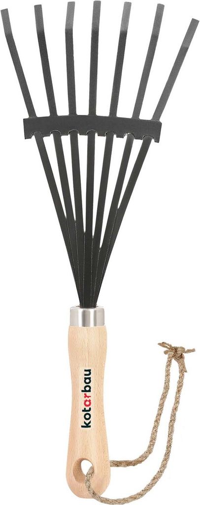 KOTARBAU Mini-Laubbesen 38 cm Laubrechen mit Holzstiel 7 Zinken für Laub Grass