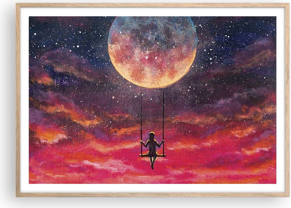 Gerahmtes Poster - Rahmen in heller Eiche - Mond Schaukel Frau - 100x70 cm - Wand Bild - Wanddeko - Wandbilder - Kunstposter - Wandposter - Bilderr...