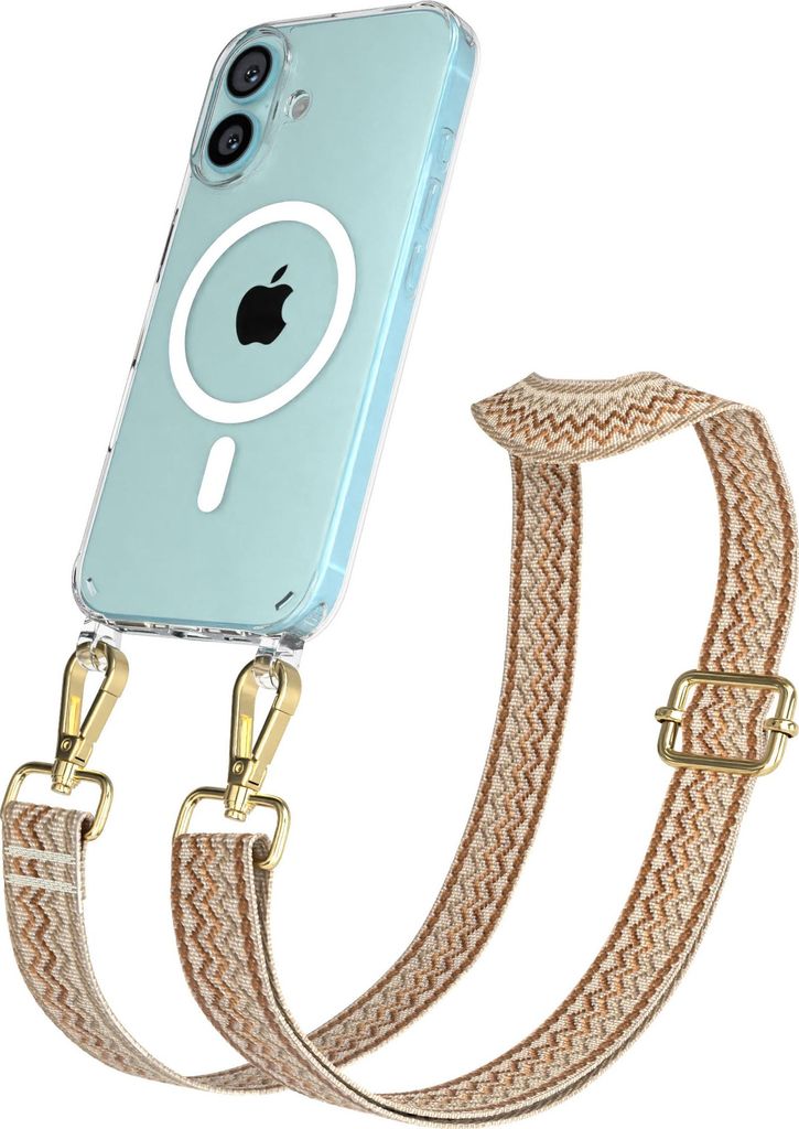 EAZY CASE - Handykette mit MagSafe Hülle für Apple iPhone 16, Handyband Wave Style, Karabiner Gold, Umhängeband in Braun