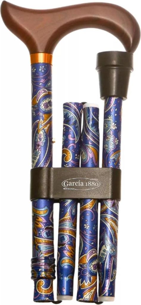 Garcia 1880 Klappbarer Gehstock – Kaschmir-Print – Blau – Verstellbar 84 bis 94 cm – Aluminium – Derby-Griff – Mit Gehstockclip