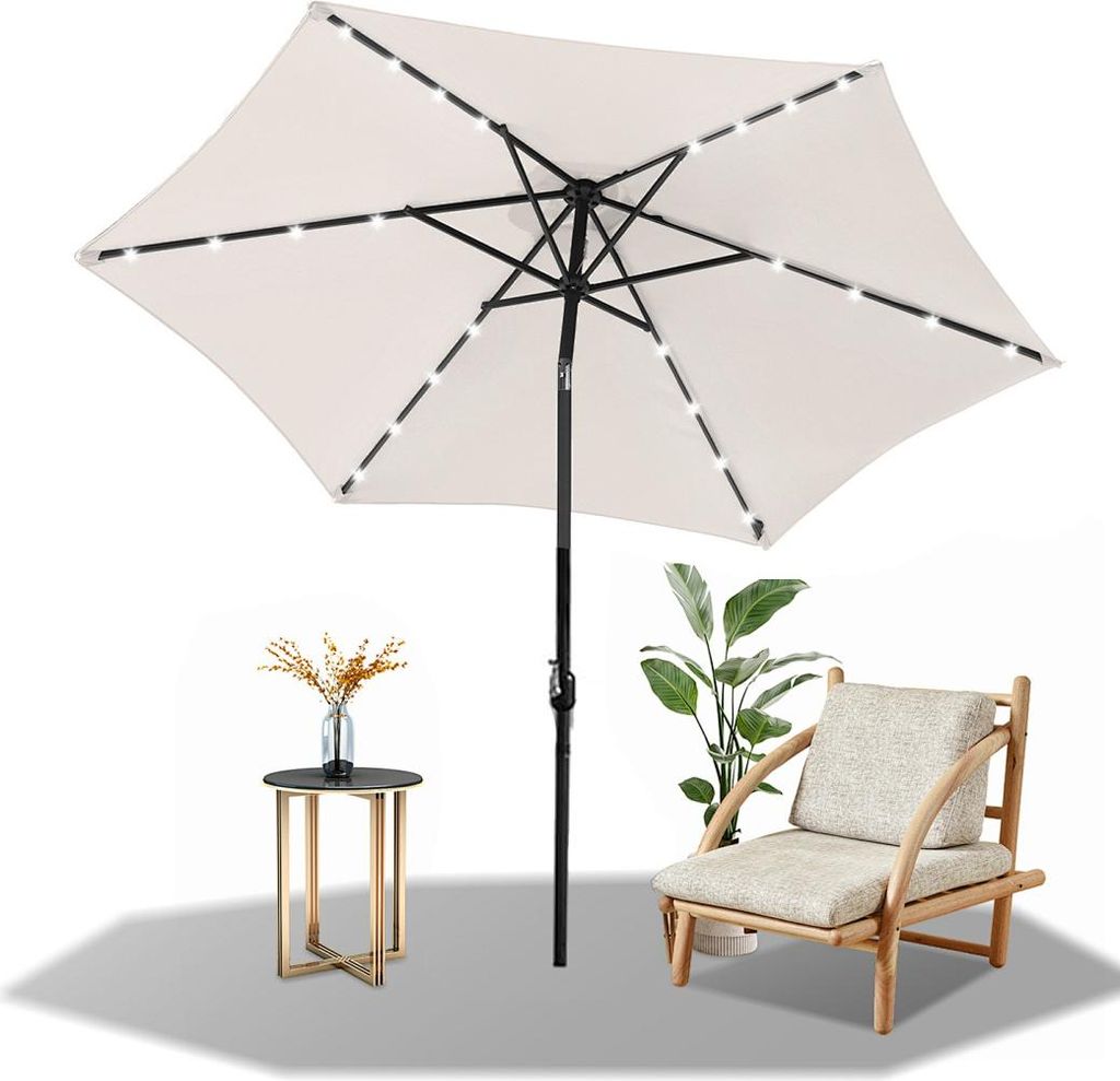 Faziango 2.7m Sonnenschirm UV50+ Neigbar Sonnenschutz Gartenschirm Strandschirm LED Solar, knickbar, Schirmtuch mit PA-Beschichtung, Beige