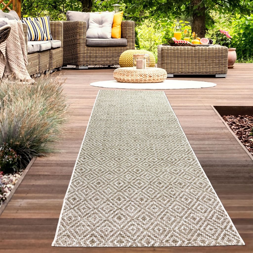 Außenteppich Balkon wetterbeständig Flachgewebe im Rautendesign in beige Größe - 80 x 250 cm