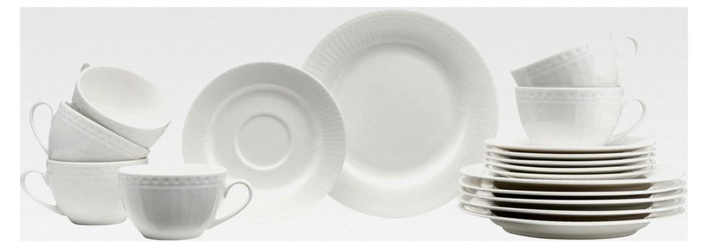 Kaffeeservice Sofia 18-teilig, Dessertteller (20 cm) und Tassen mit Untertassen (220 ml) für 6 Personen, Kaffee-Set mit feinem Rillenrelief, Porze...
