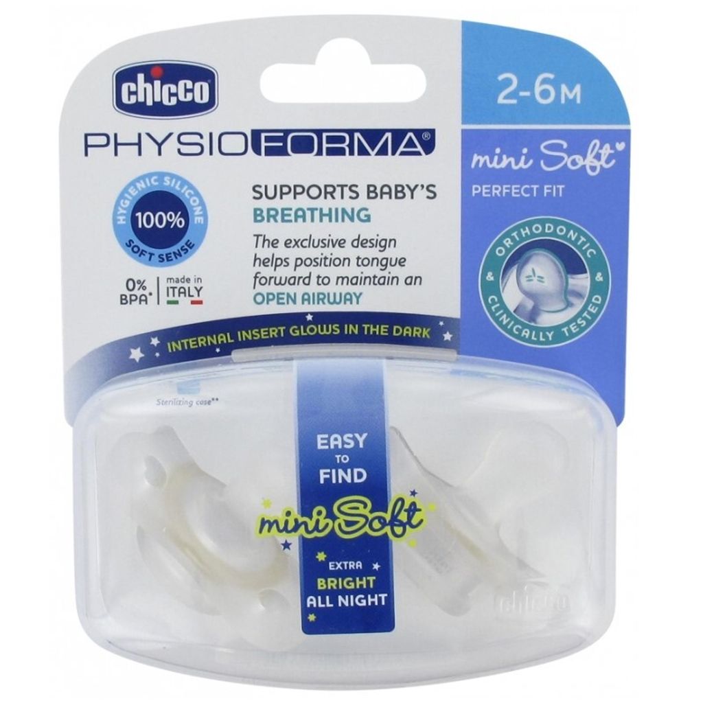 Chicco PhysioForma Mini Soft, Baby-Schnuller für die Nacht, Kieferorthopädisch, Silikon, Junge/Mädchen