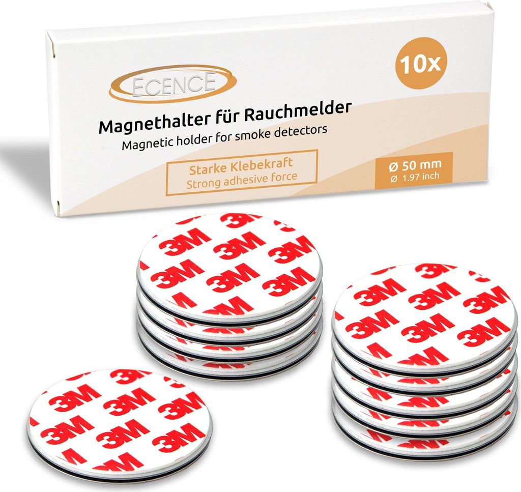A product box and several magnetic holders for smoke detectors.