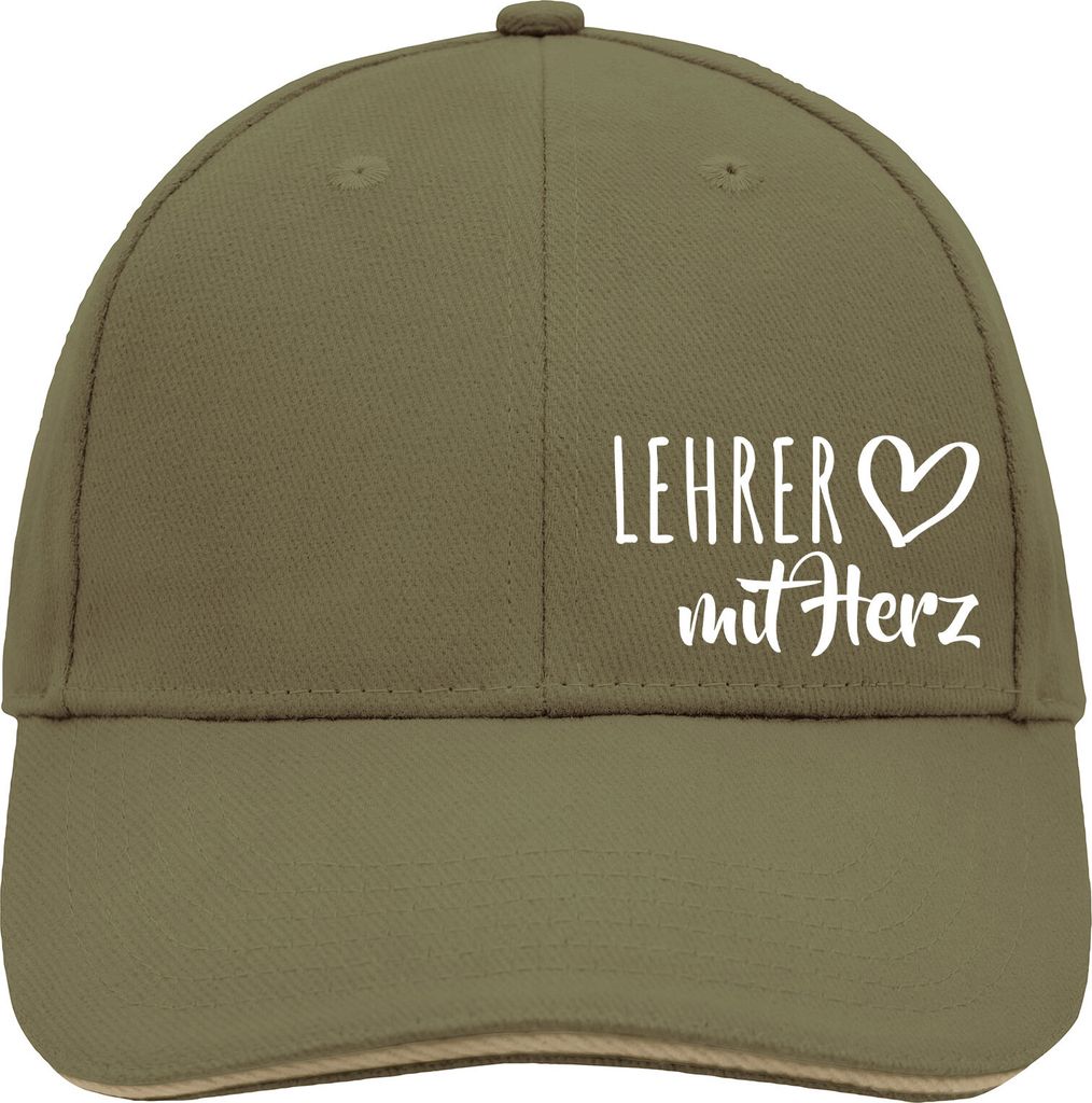 Huuraa Cappy Mütze Lehrer mit Herz Olive/Beige Baumwolle 6-Panel Kappe Geschenkidee
