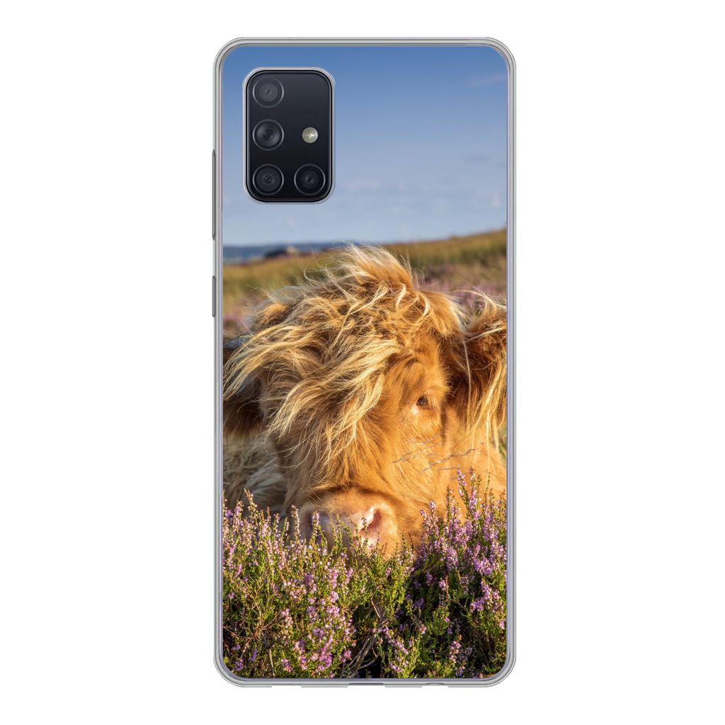 MuchoWow Handyhülle Schutzhülle Hülle für Samsung Galaxy A51 Schottische Highlander - Heide - Gras - Tiere Silikon Softcase Handy Hülle - Sc...