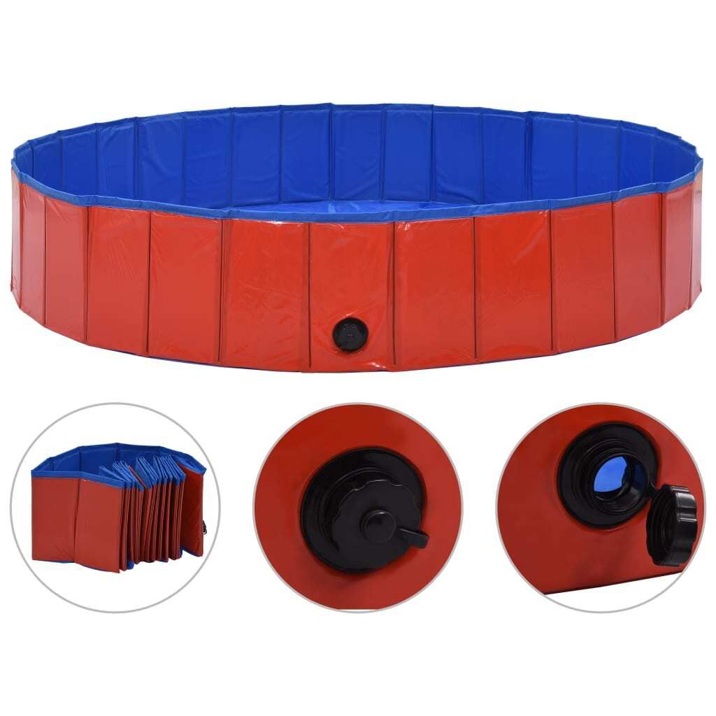A foldable dog pool with red exterior walls and a blue interior. It is shown in a circular shape, and also folded in a smaller inset image. Close-ups of the drain valve are also shown.