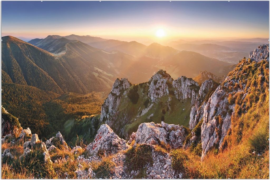 Wallario Wandbild Berglandschaft mit Sonnenuntergang in der Produktbild 