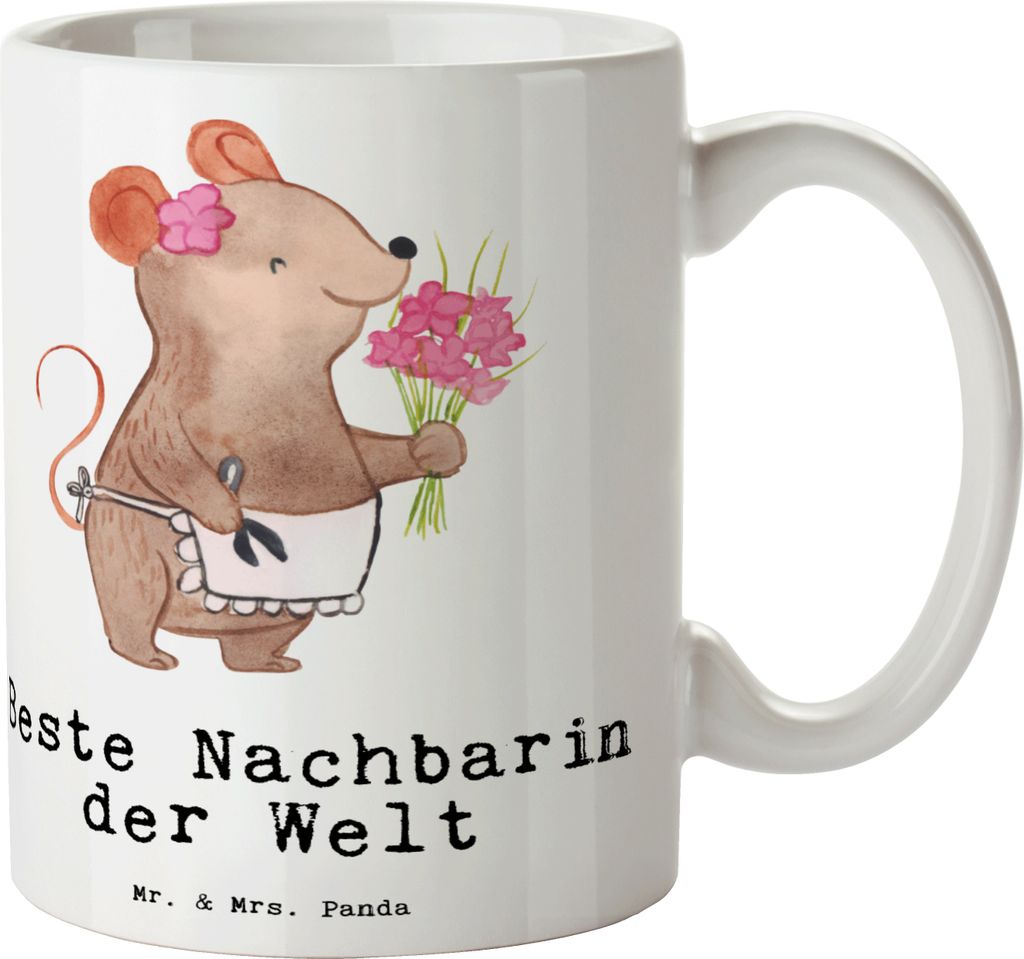 Mr. & Mrs. Panda Teetasse Maus Beste Nachbarin der Welt - Weiß - Geschenk, Freundin, kaffeetasse bedruckt, Nachbarn, Tasse mit Motiv, Becher, Freu...