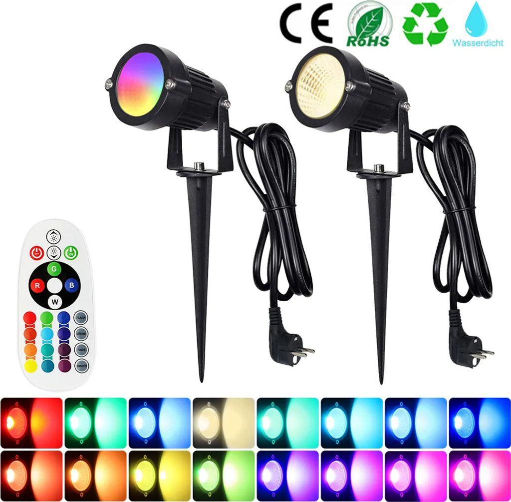 2x 6W RGB Warmweiß Gartenstrahler Mit Erdspieß, 220V Led Gartenbeleuchtung Mit Strom, Außen Wasserdicht Gartenspots Baumbeleuchtung Außenbeleuc...