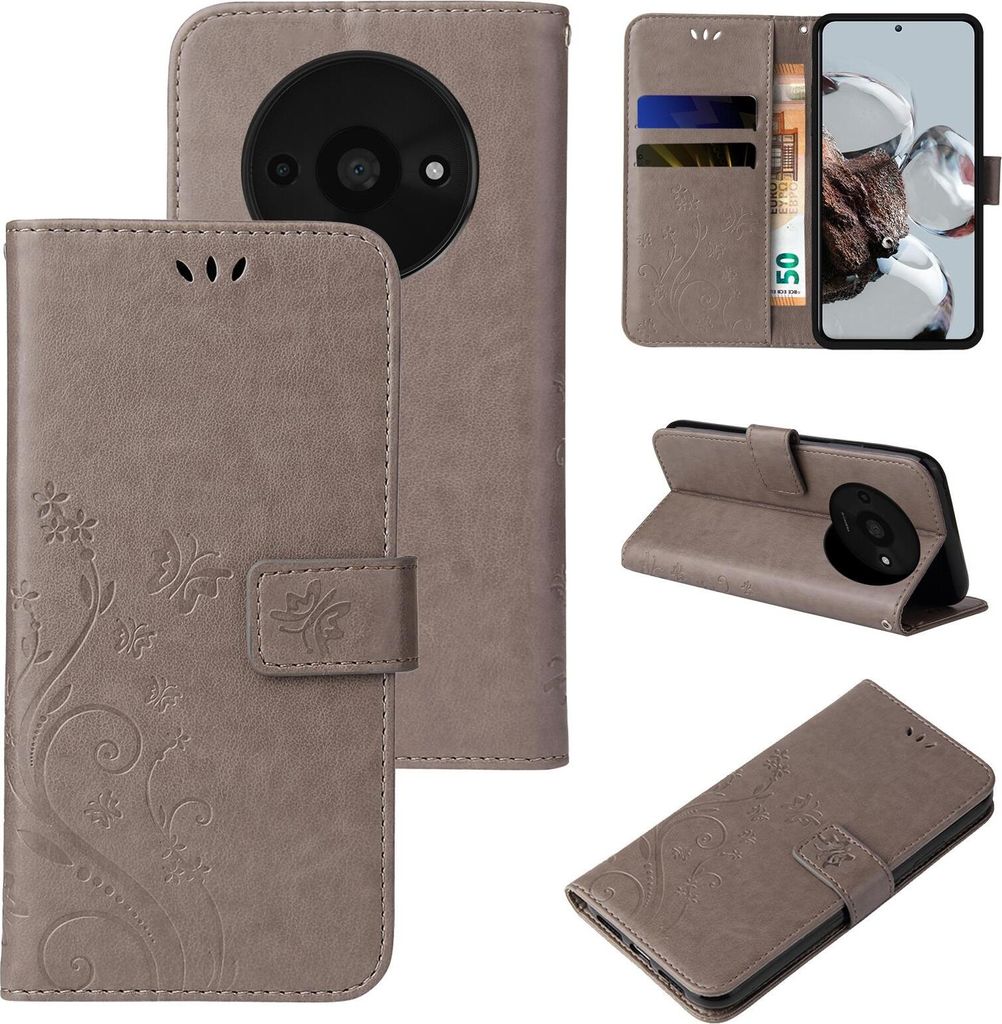Handyhülle für Xiaomi Redmi A3 Floral Blumen Schmetterling Flip Cover Hülle Case Klapphülle Handytasche Farbe: Grau