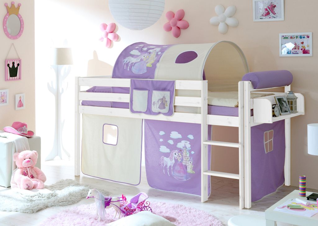 Hochbett Spielbett Malte Kiefer massiv Weiss, Vorhangstoff:Horse Lila