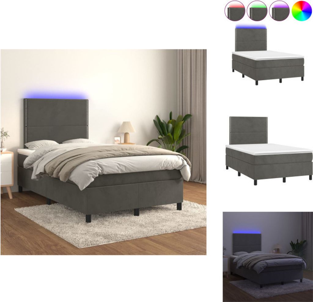 vidaXL Boxspringbett mit Matratze & LED Dunkelgrau 120x200 cm Samt - Betten & Bettgestelle