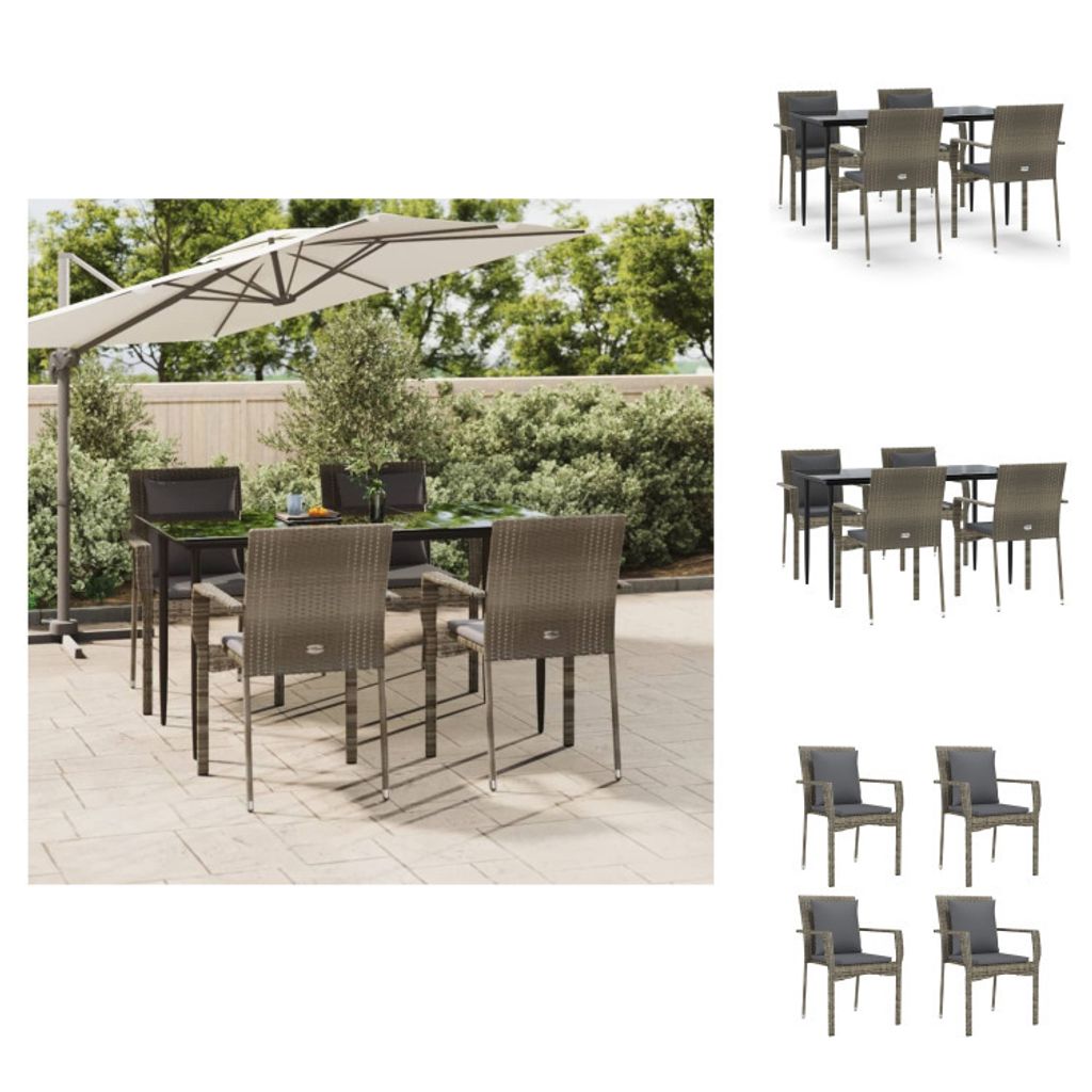 vidaXL 5-tlg. Garten-Essgruppe mit Kissen Schwarz und Grau Poly Rattan - Gartenmöbel-Sets