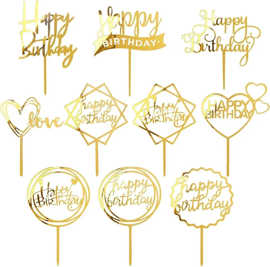Set 10 Cake Topper Oro Buon Compleanno Acrilico Glitter per Torte
