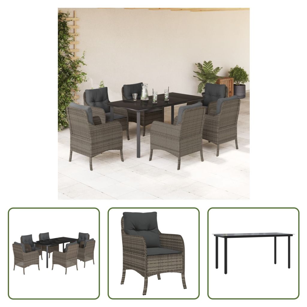 The Living Store 7-tlg. Garten-Essgruppe mit Kissen Grau Poly Rattan