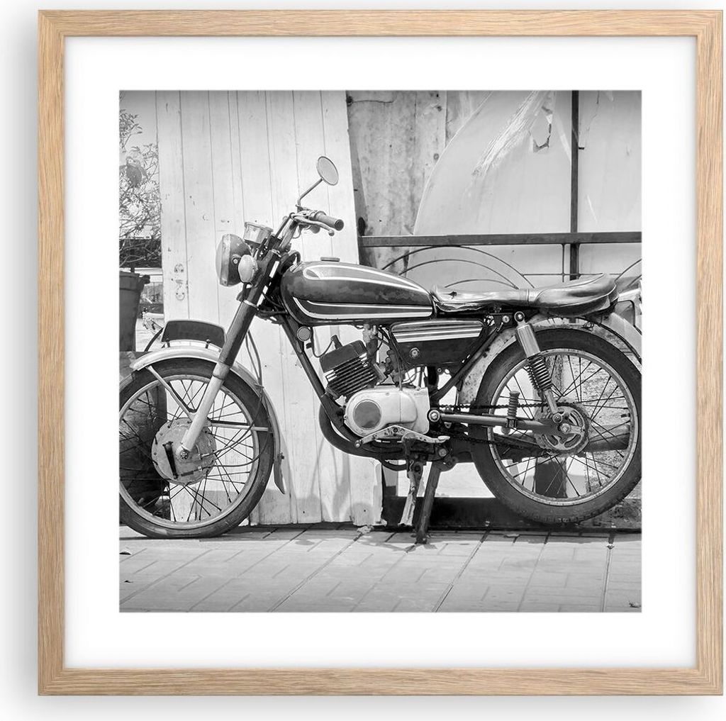 Gerahmtes Poster - Rahmen in heller Eiche - Alt Motorrad Schwarz und Weiß - 40x40 cm - Wand Bild - Wanddeko - Wandbilder - Kunstposter - Wandposte...