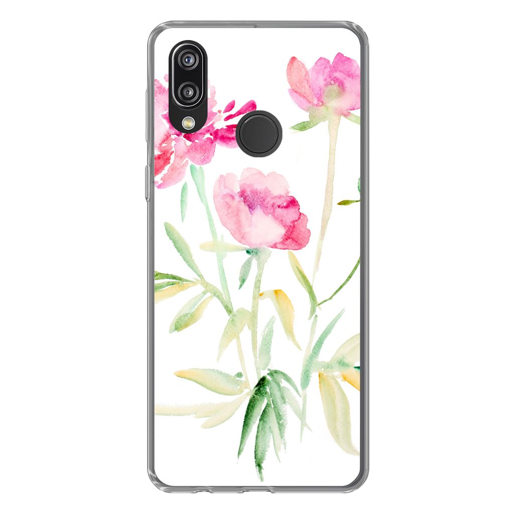 MuchoWow Handyhülle Schutzhülle Hülle für Huawei P20 Lite (2020) Blumen - Aquarell - Rosa Silikon Softcase Handy Hülle - Kartenhalter