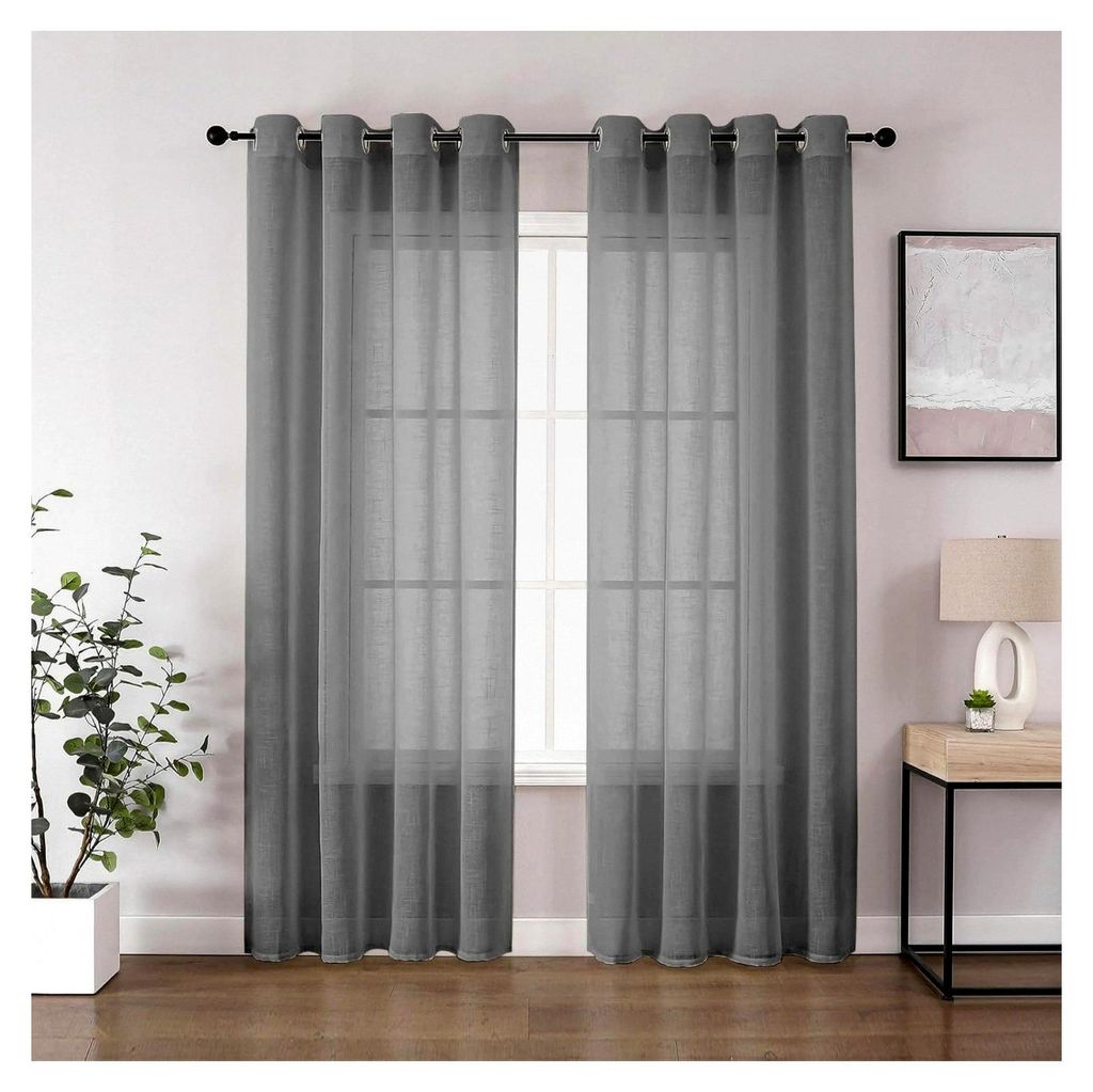 Voile Vorhänge in Leinenoptik Grau mit Ösen, halbtransparent, für Schlafzimmer und Wohnzimmer, H225 x B140cm, 2er Set
