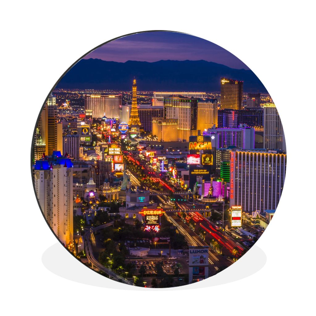 MuchoWow Aluminium Wandkreis Nacht - Las Vegas - Lila Ø 90 cm Wanddeko Modern Wohnzimmer - Mauerkreis - Wandbilder - Runde Bild - Bild aus Alumi...