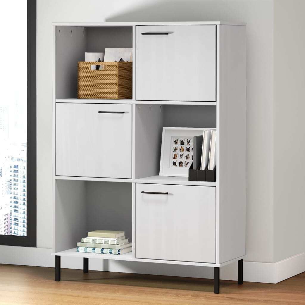A white bookshelf with metal legs is shown in a room.