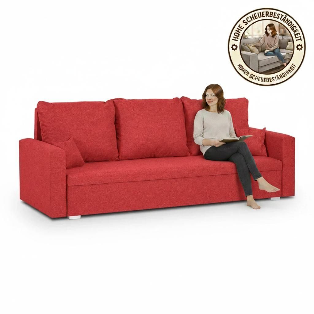 KomfortWelt24 3-Sitzer-Sofa mit Schlaffunktion und Bettkasten - Praktischem Schlafsofa 215x85 cm, Couch MONDO Rot
