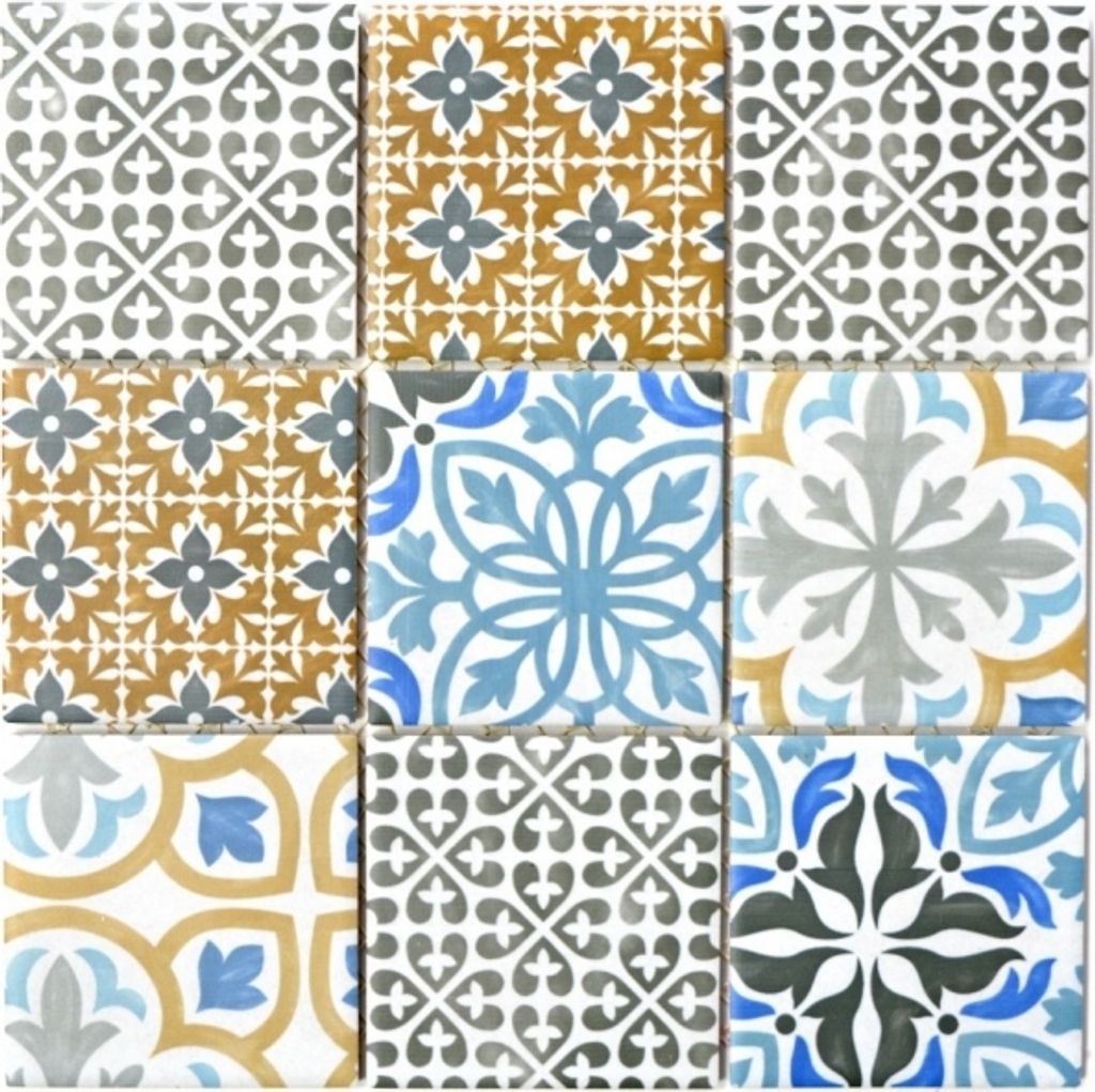 Retro Vintage Mosaik Fliese Keramik creme blau orange grau Produktbild 