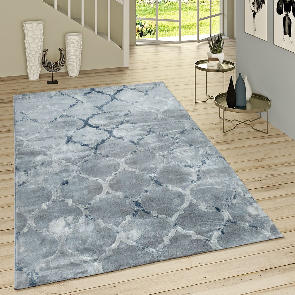 Kurzflor Teppich Modern Marokkanisches Muster Vintage Style Ombre Look Grau Blau Grösse 155x230 cm