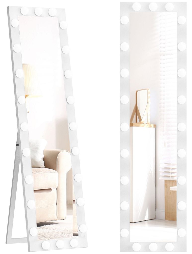 HOMCOM Ganzkörperspiegel 150 x 40 cm LED Standspiegel mit 24 Glühbirnen Weiß