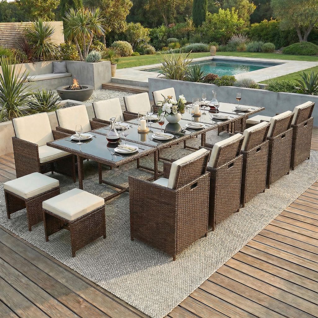Poly Rattan Sitzgruppe Esstisch Lounge Gartenmöbel Sitzgarnitur 15-Teilig Garten-Garnitur Set 1x Tisch + 10x Stühle + 4x Hocker - braun