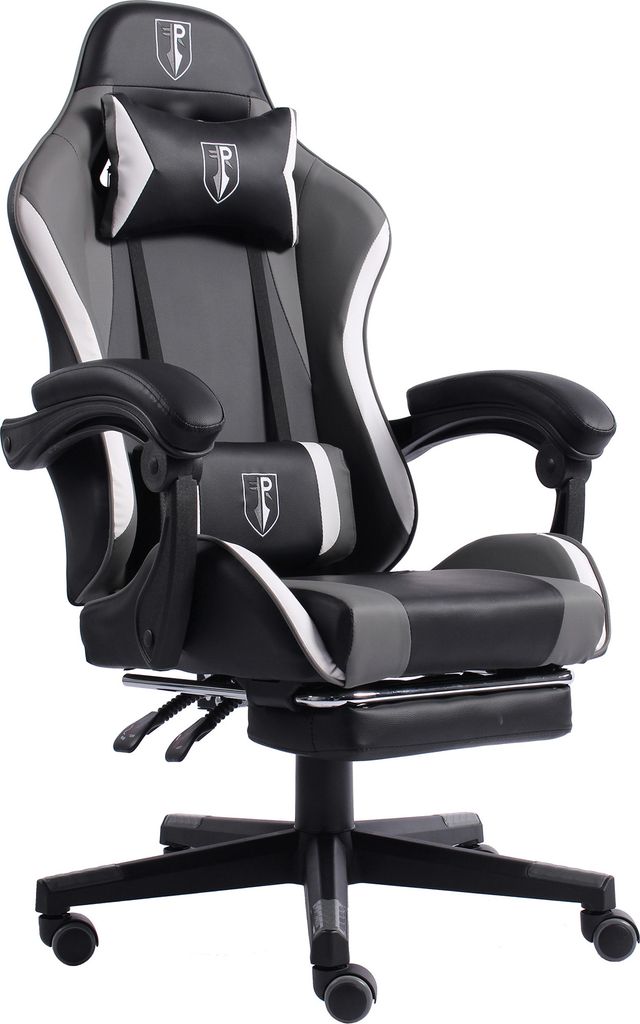 A gaming chair with a racing design is shown against a white background.