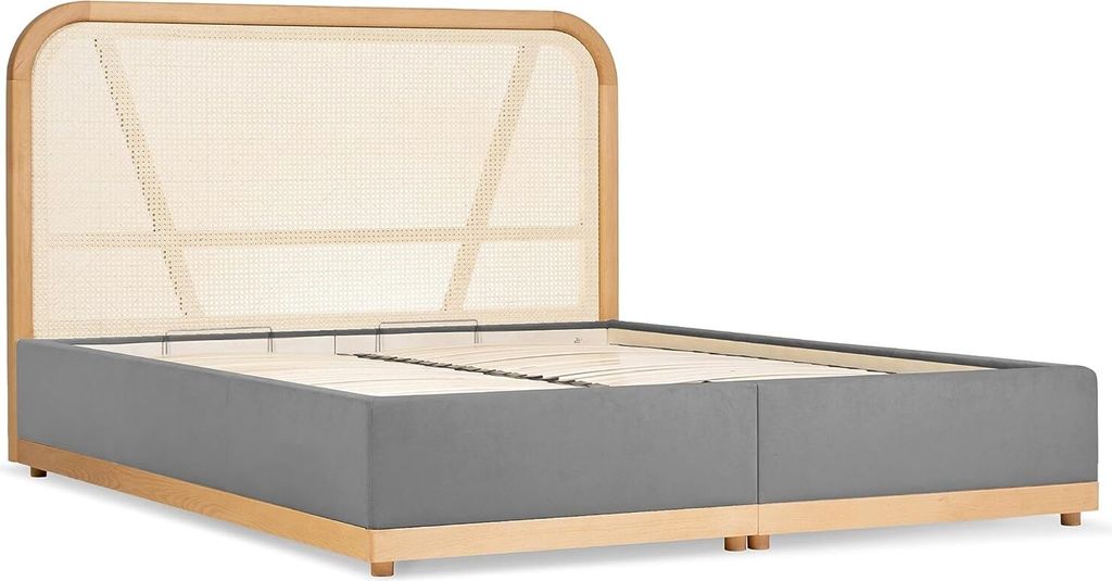 Japandi Doppelbett 160x200 cm - mit Bettkasten Stauraum & Lattenrost - Kopfteil aus Rattan - Skandinavisches & japanisches Design fürs Schlafzimme...