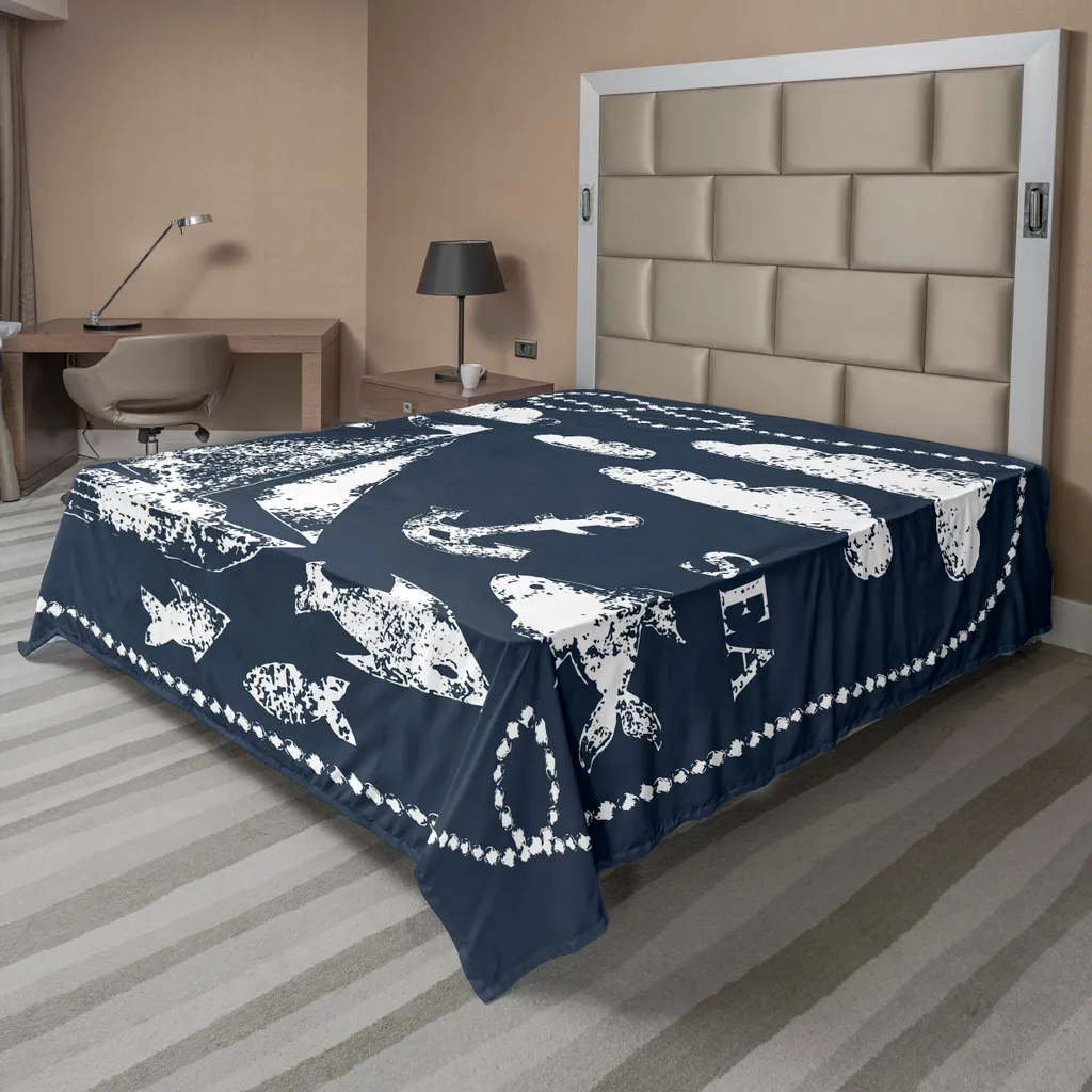 Drap plat décoratif marin pour chambre d'amis bleu marine 244x205 blanc