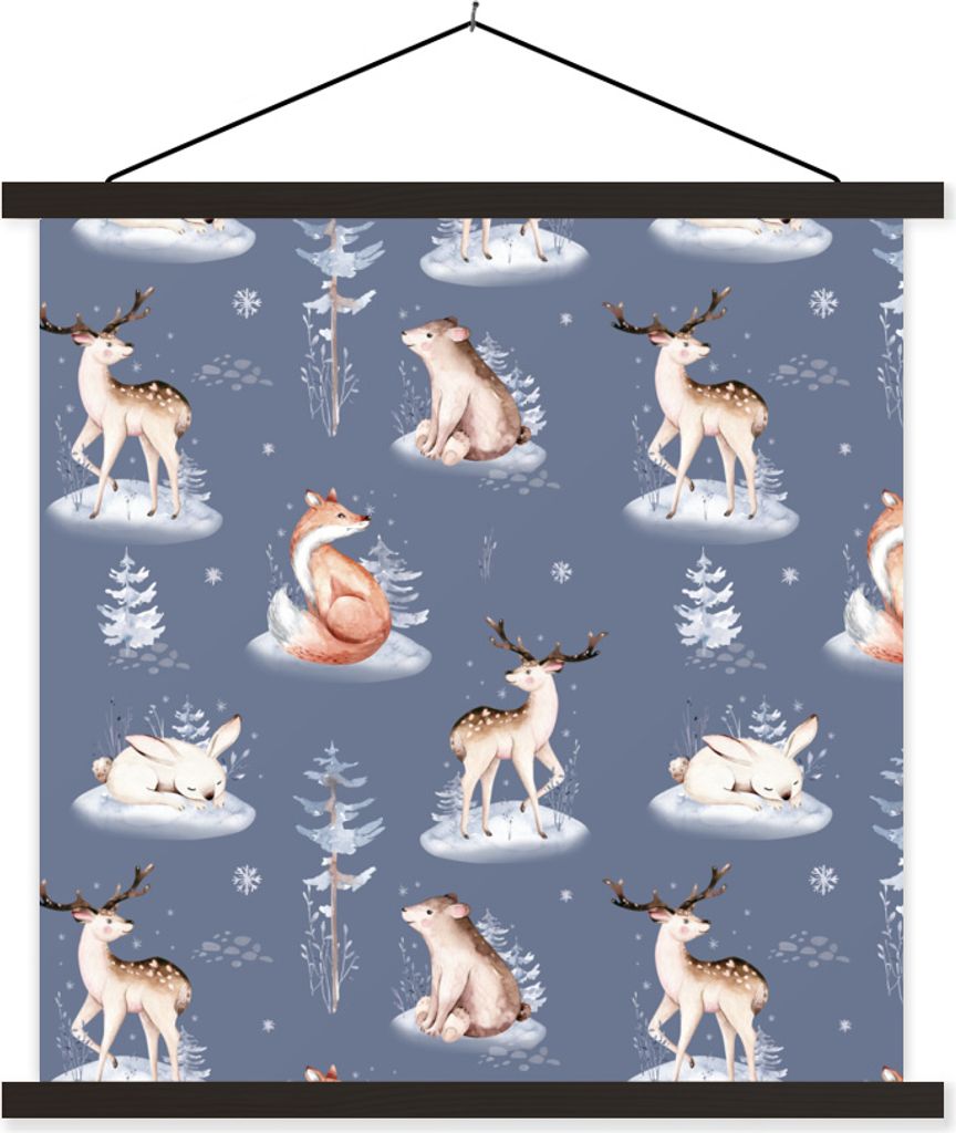 MuchoWow Textilposter Winter - Bär - Hirsch - Fuchs 120x120 cm mit schwarzem Rahmen - Aufhängungsset