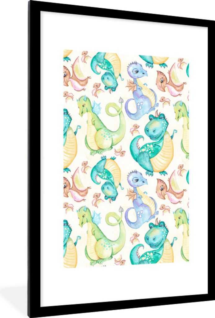 MuchoWow Gerahmtes Poster Dinosaurier - Aquarell - Kinder - Jungen - Mädchen - Kinder 60x90 cm - Poster mit Schwarzem Bilderrahmen Wandposter Ra...