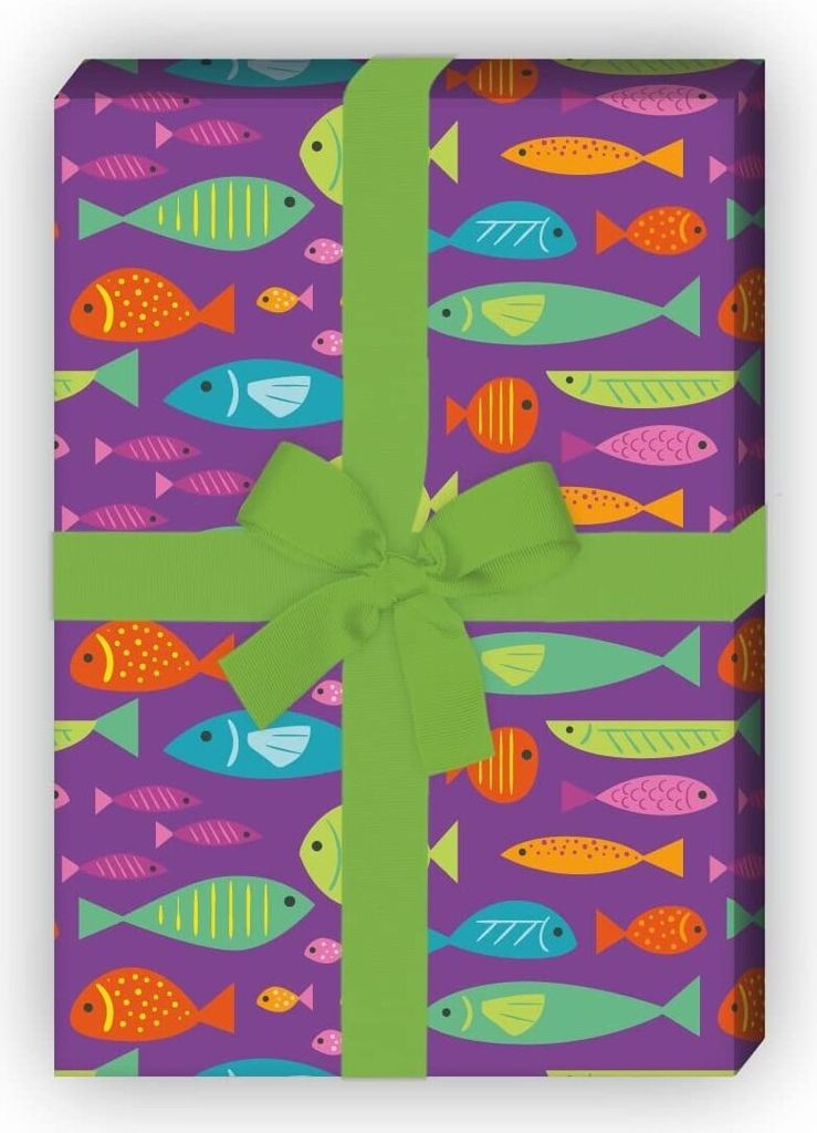 Lustiges Sommer Geschenkpapier mit Fischen auf lila - G7510, 32 x 48cm