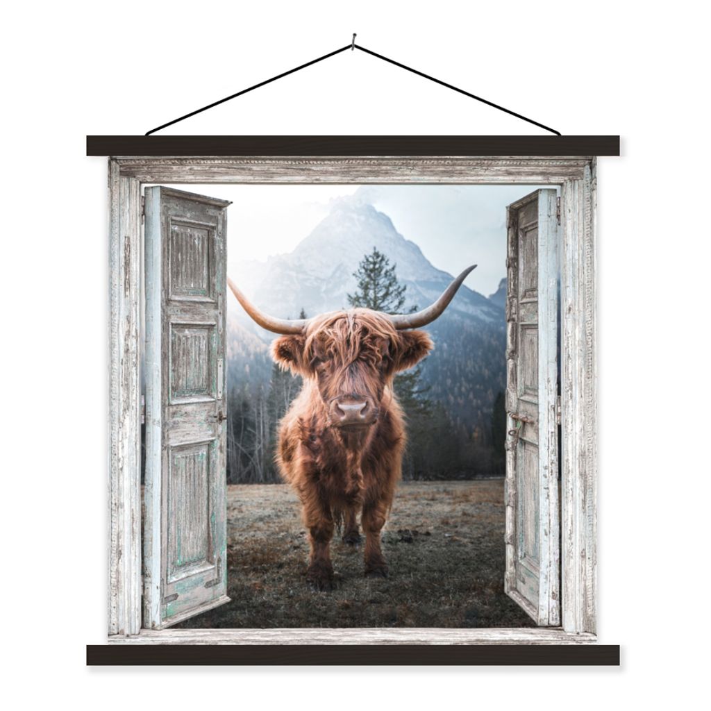 MuchoWow Textilposter Schottischer Highlander - Kuh - Ländlich - Ansicht 120x120 cm mit schwarzem Rahmen - Aufhängungsset